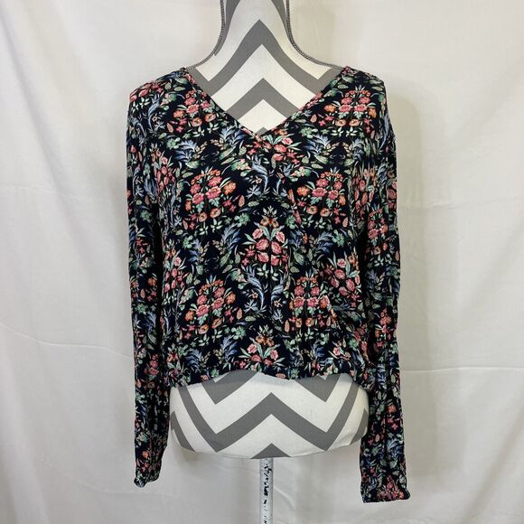 NWT Ann Taylor Loft Navy Flower Print Peasant Top Sz M White Elastic Waistband - Picture 1 of 10